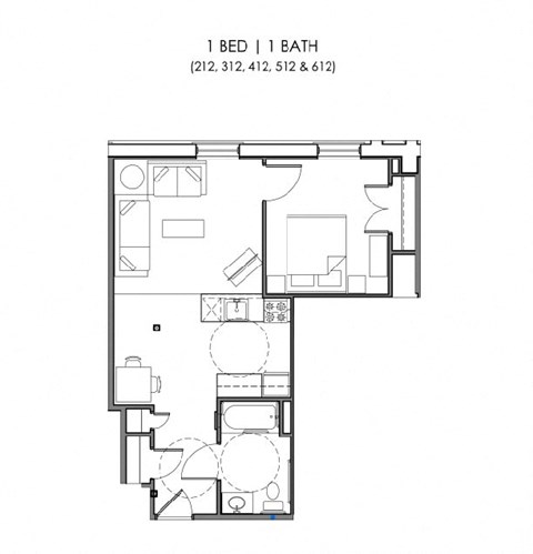 Floor plan for 1 bed, 1 bath, 552 sqft
